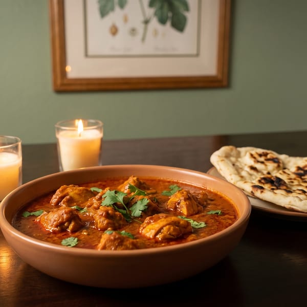 Chicken curry with cilantro, naan bread, and two lit candles on a dark wooden table.