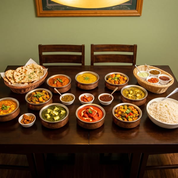 A table laden with various Indian dishes, including curries, rice, naan, and chutneys.