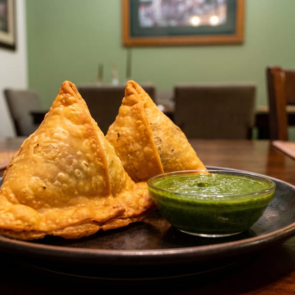 Two golden-brown samosas and a small bowl of green chutney on a dark plate.