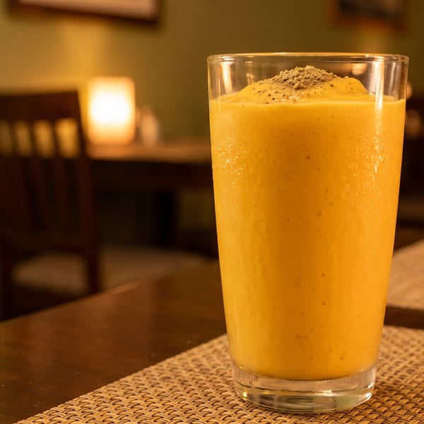 A vibrant yellow mango lassi with a sprinkle of spice sits on a table in a restaurant.