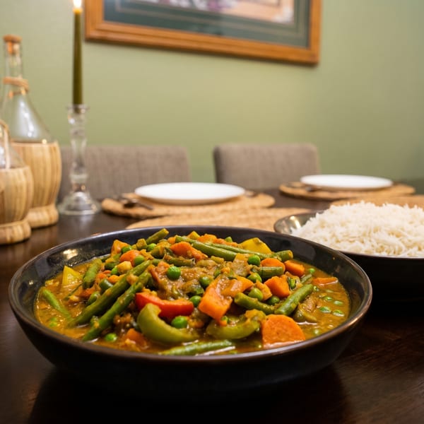 A dark wooden dining table set with a bowl of vegetable curry, rice, plates, and lit candles.