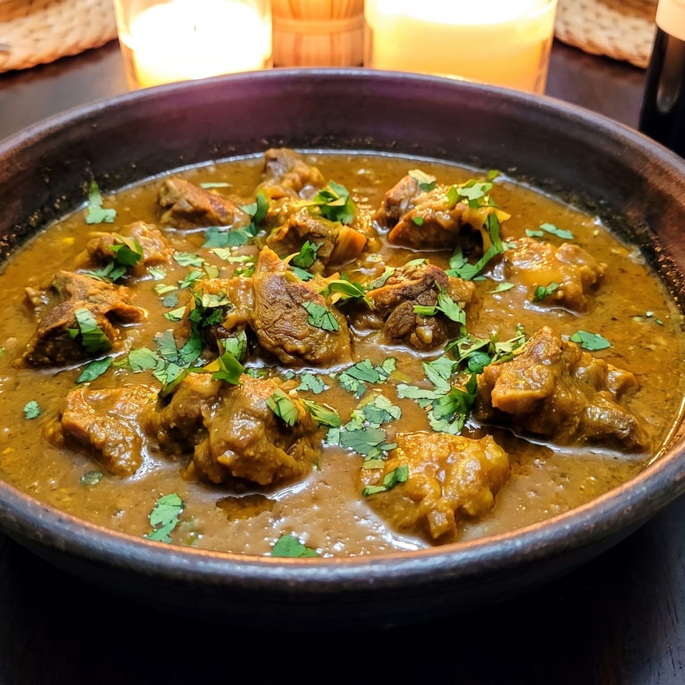 A dark bowl of rich lamb curry with fresh cilantro, wine, and candles on a woven placemat.