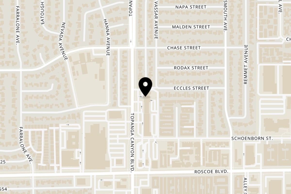 Map showing the location of Taj Of India on 8406 Topanga Canyon Blvd in Canoga Park